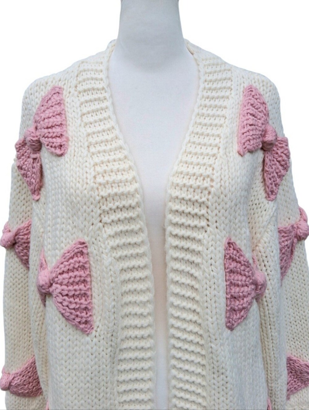 Altar'd State Victoria Bow Cardigan Cream Pink Knit Open Front Sweater Size XS - Picture 3 of 12